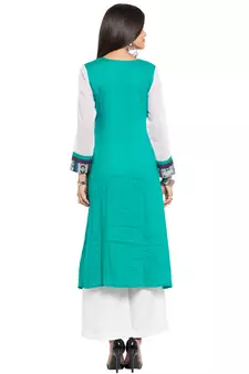 Green Embroidered Cotton Stitched Long Kurti