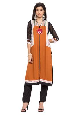 Mustard Embroidered Cotton Stitched Long Kurti 1