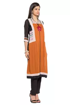 Mustard Embroidered Cotton Stitched Long Kurti