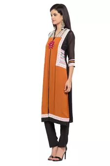 Mustard Embroidered Cotton Stitched Long Kurti