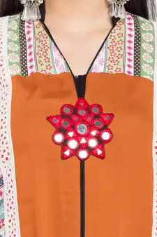 Mustard Embroidered Cotton Stitched Long Kurti