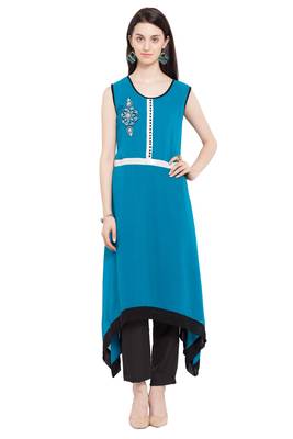 Blue   Embroidered Georgette Stitched Long Kurti 1