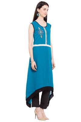 Blue   Embroidered Georgette Stitched Long Kurti 5