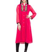 Pink   Embroidered Georgette Stitched Long Kurti