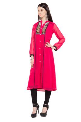 Pink   Embroidered Georgette Stitched Long Kurti 3