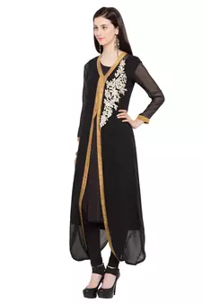 Black   Embroidered Georgette Stitched Long Kurti