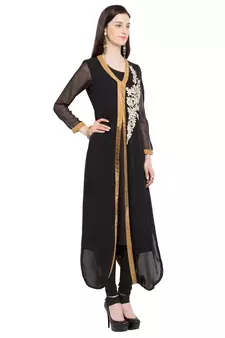 Black   Embroidered Georgette Stitched Long Kurti