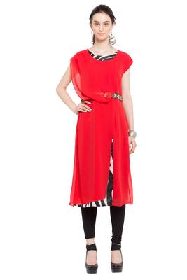 Red   Plain Georgette Stitched Long Kurti 1