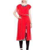 Red   Plain Georgette Stitched Long Kurti
