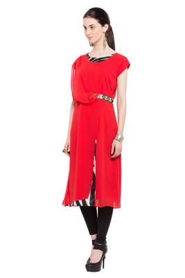 Red   Plain Georgette Stitched Long Kurti 3