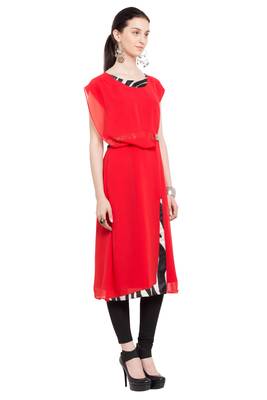 Red   Plain Georgette Stitched Long Kurti 4