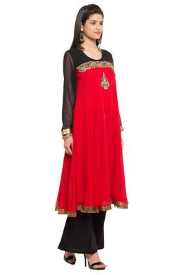 Red   Embroidered Georgette Stitched Long Kurti 3