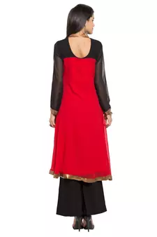 Red   Embroidered Georgette Stitched Long Kurti