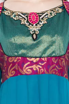 Blue Embroidered Georgette Stitched Long Kurti