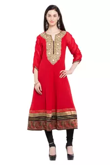 Red Embroidered Georgette Stitched Long Kurti