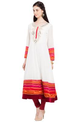 White Embroidered Georgette Stitched Long Kurti 7