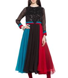 Black Embroidered Georgette Stitched Long Kurti