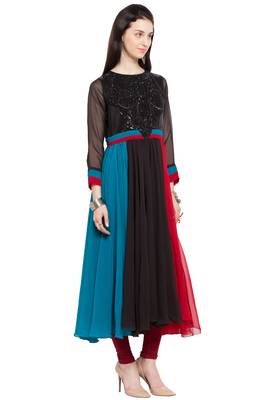 Black Embroidered Georgette Stitched Long Kurti 8