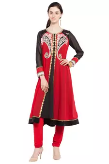 Purple Embroidered Georgette Stitched Long Kurti