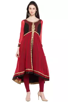 Red Embroidered Georgette Stitched Long Kurti