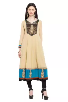 Beige Embroidered Georgette Stitched Long Kurti