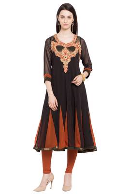 Black Embroidered Georgette Stitched Long Kurti 2
