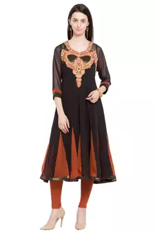Black Embroidered Georgette Stitched Long Kurti