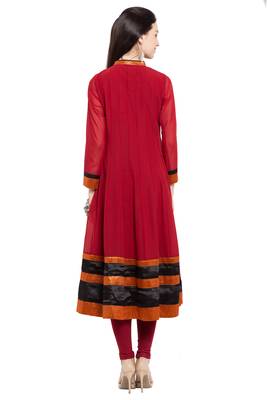 Red Embroidered Georgette Stitched Long Kurti 9