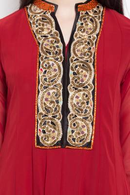Red Embroidered Georgette Stitched Long Kurti 10