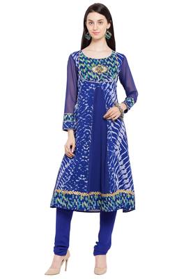 Blue Printed Georgette Stitched Long Kurtis 2