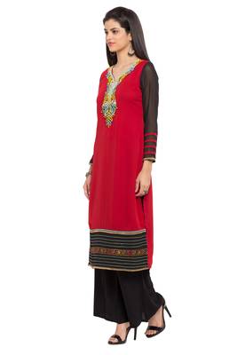 Red Embroidered Georgette Stitched Long Kurti 7