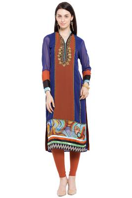 Blue Embroidered Georgette Stitched Long Kurti 2