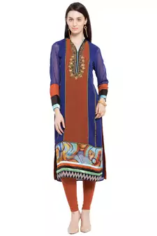Blue Embroidered Georgette Stitched Long Kurti