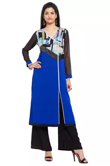 Blue Printed Georgette Stitched Long Kurti