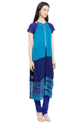 Blue Plain Georgette Stitched Long Kurti 7