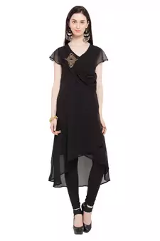 Black Embroidered Georgette Stitched Long Kurti