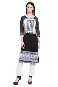 Black Printed Cotton Stitched Long Kurti