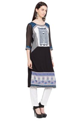 Black Printed Cotton Stitched Long Kurti 7