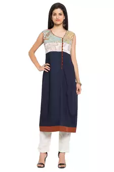 Blue Printed Cotton Stitched Long Kurti