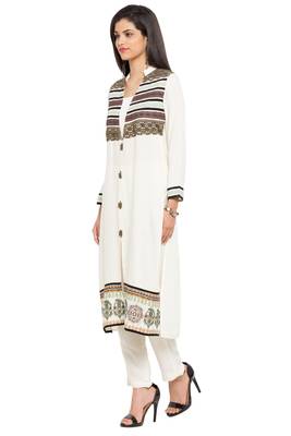 White Printed Cotton Stitched Long Kurti 8