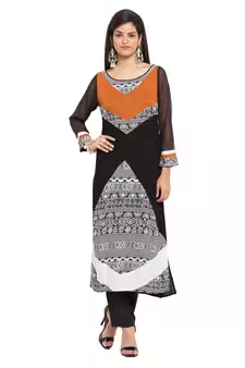 Black Printed Georgette Stitched Long Kurti