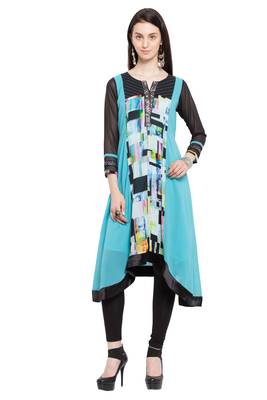 Blue Printed Georgette Stitched Long Kurti 2