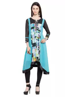 Blue Printed Georgette Stitched Long Kurti