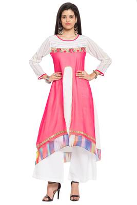 Pink Embroidered Georgette Stitched Long Kurti 2