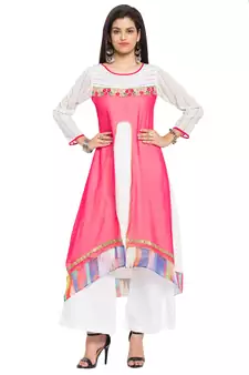 Pink Embroidered Georgette Stitched Long Kurti