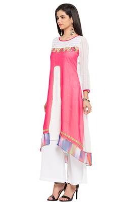 Pink Embroidered Georgette Stitched Long Kurti 8