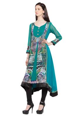 Blue Printed Georgette Stitched Long Kurti 8