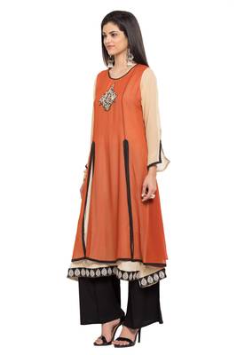 Brown Embroidered Georgette Stitched Long Kurti 8