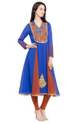 Blue Embroidered Georgette Stitched Long Kurti 7