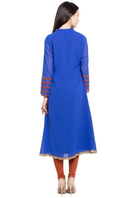 Blue Embroidered Georgette Stitched Long Kurti 9
